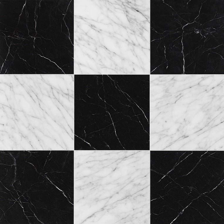Nine square tiles with black and white marble patterns arranged in a 3x3 grid.