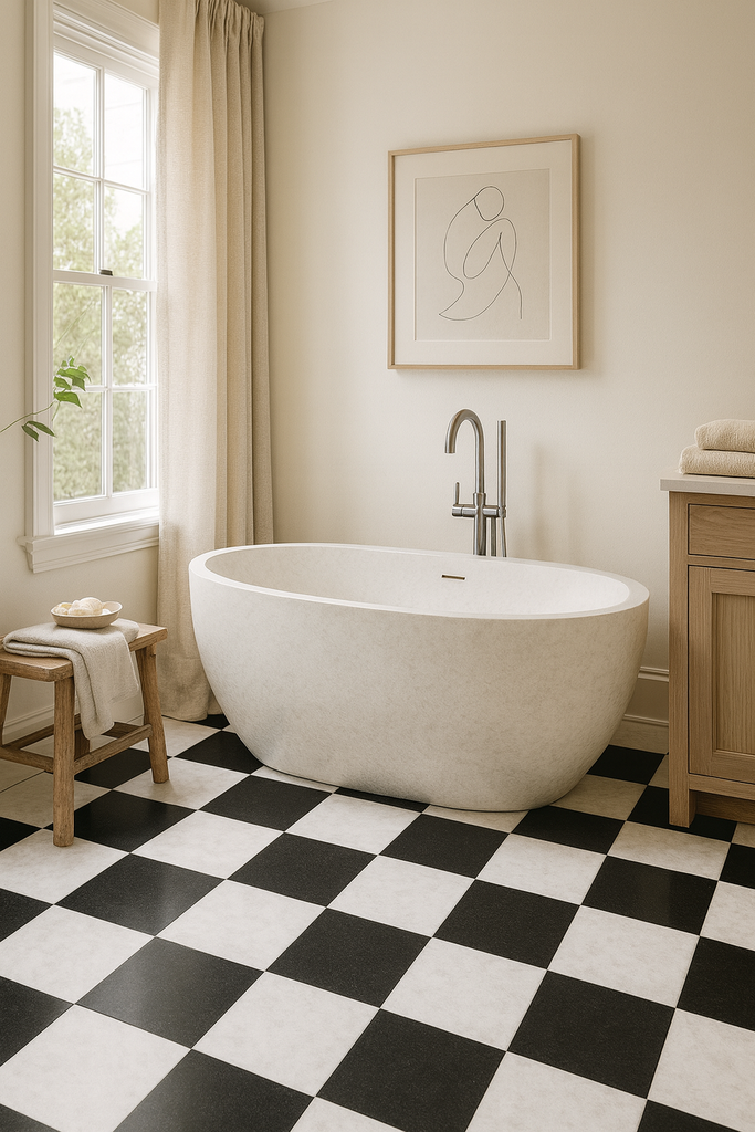Modern bathroom with a freestanding bathtub on a black and white checkered floor.