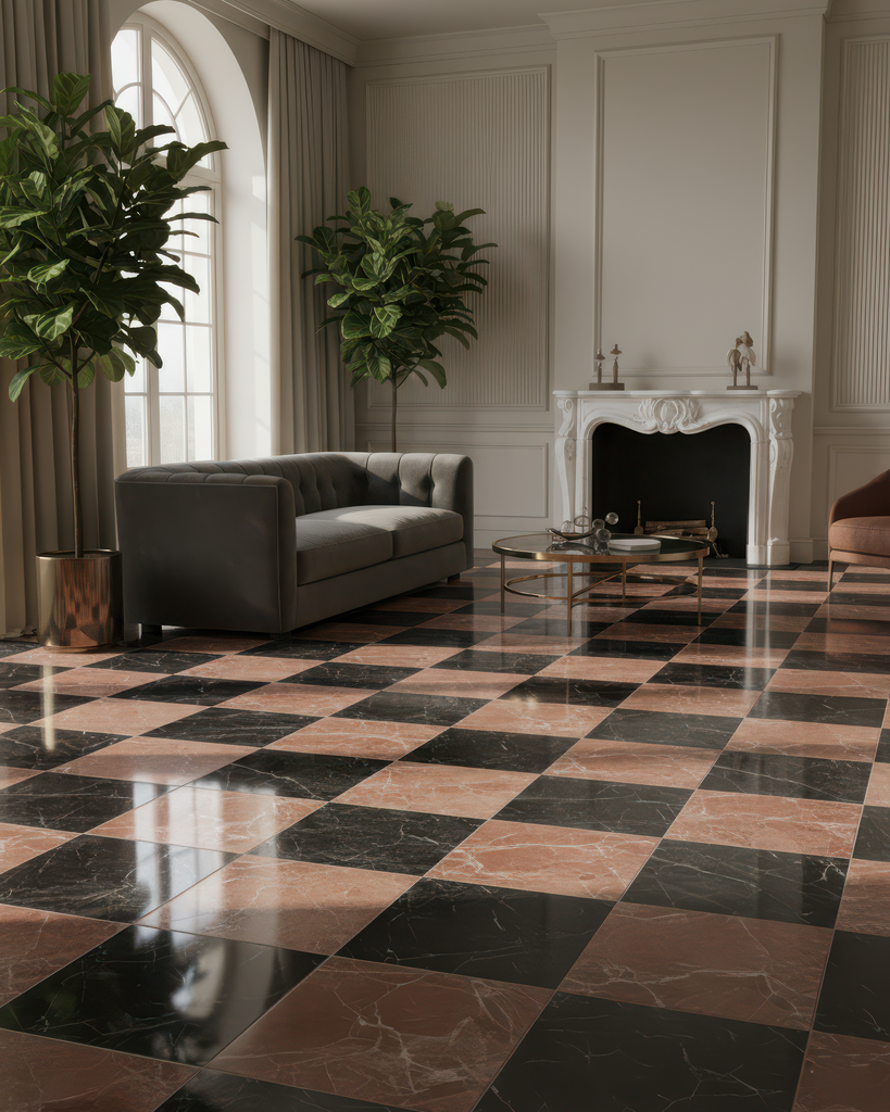 Luxurious living room with checkered marble floor, gray sofa, and fireplace.